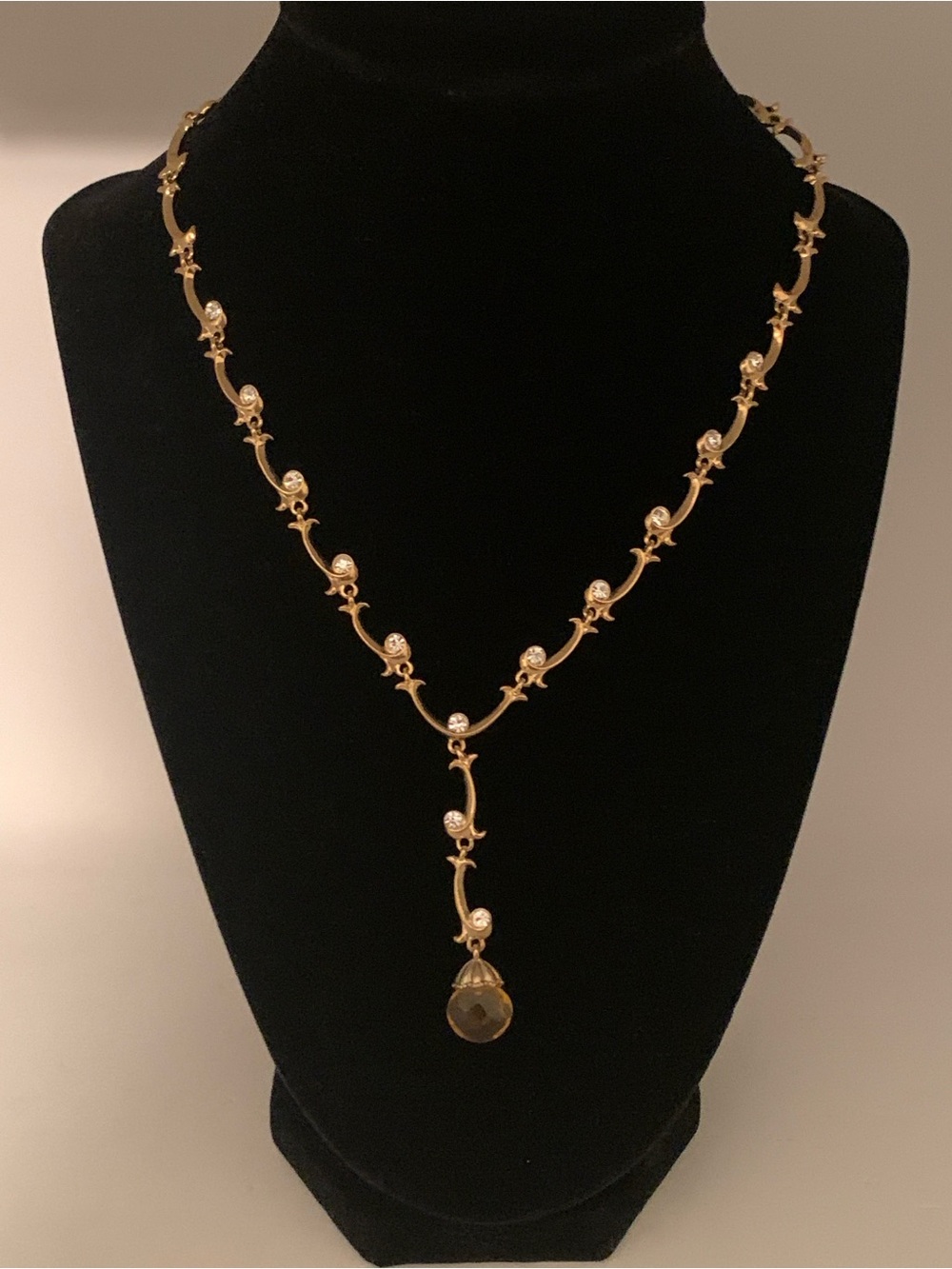 Avon Gold-Tone Necklace with Clear Crystals and Amber Teardrop Pendant 16-19”